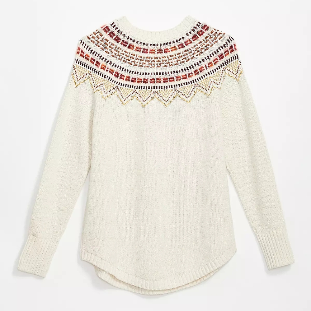 LOFT Cream Sweater with Red and Yellow Pattern